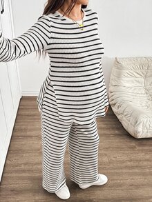 SHEIN 孕婦條紋長袖上衣與可調腰長褲休閒日常兩件套 - 黑與白 - 查看 6