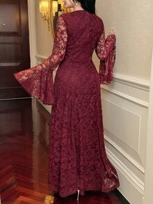 Feyla Women's Round Neck Flare Sleeve Elegant Lace Dress - Red - View 2