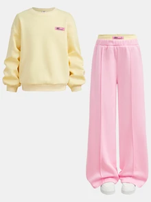 SHEIN Tween女孩黃色運動衫+粉色寬鬆長褲2件套，休閒日常百搭時尚，柔軟舒適，秋冬新款 - 彩色 - 查看 12