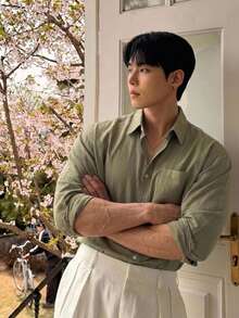 DAZY Spring/Autumn Military Green Bamboo Joint Woven Fabric Korean Style Casual Plus Size Men's Shirt - Army Green - View 5