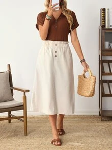 EMERY ROSE Women's Fashion Button Pocket Denim Skirt - Beige - View 8