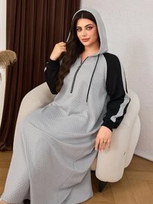 Lacomfia Casual Minimalist Jacquard Colorblock Hooded Zip-Up Raglan Sleeve Loose Regular Fit Plus Size Sweatshirt, Spring/Autumn - Grey - View 3