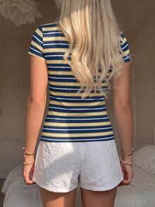 CovetEZ Women 95% Cotton Striped Form-Fitted Short Sleeve T-Shirt Casual Top, Wear For Spring/Summer/Fall - Multicolor - View 2