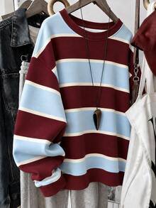 Resyla Women's Round Neck Striped Sweatshirt, Autumn/Winter Casual Loose Fit Colorblock Long Sleeve Pullover - Multicolor - View 1