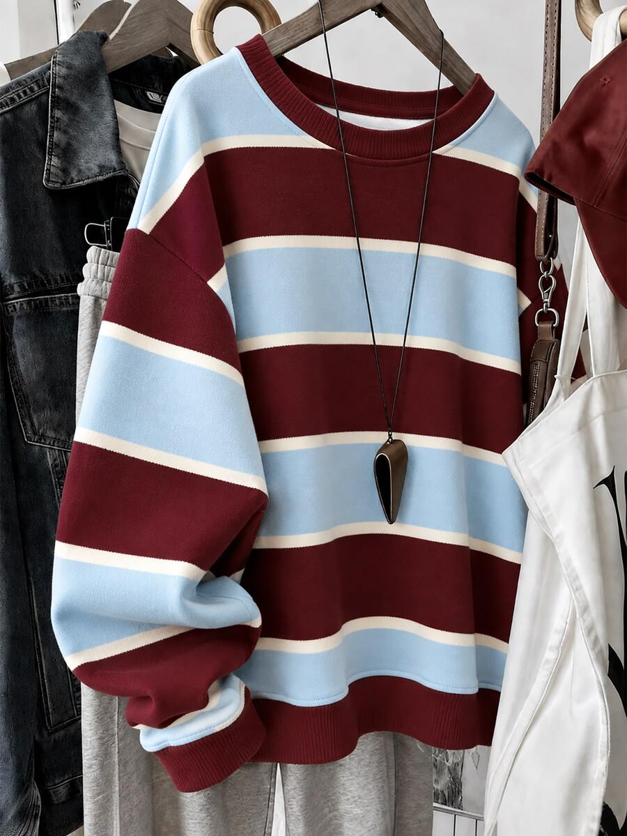 Resyla Women's Round Neck Striped Sweatshirt, Autumn/Winter Casual Loose Fit Colorblock Long Sleeve Pullover - Multicolor - View 1