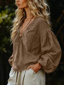 SHEIN PETITE Women's V-Neck Long Sleeve Solid Color Ruched Design Casual Daily Vacation Blouse Shirt - Brown - View 4