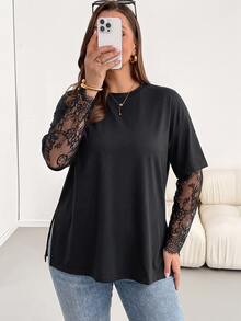Shapeblank Plus Size T-Shirt With Lace Sleeves And Split Hem - Black - View 5