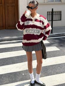 Muchica 女款街頭風鈕扣半開襟條紋拼色針織衫 秋冬 Y2K 上衣 休閒紅色圖案 - 酒紅色 - 查看 6