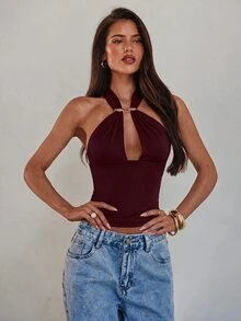 Aloruh 女款性感鏤空金屬扣裝飾綁帶掛脖背心 - 紫紅色 - 查看 7