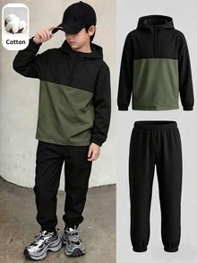SHEIN 2件組兒童青少年男孩半拉鍊連帽外套與慢跑長褲套裝，適合通勤、上學、日常休閒、戶外、運動，秋冬穿著 - 軍綠色 - 查看 2