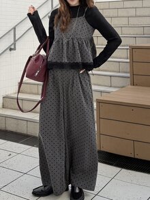 FRIFUL Women's Polka Dot Pattern Contrast Lace Hem Cami Top And Long Pants Casual 2 Pieces Set - Grey - View 1