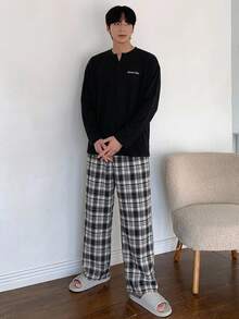 DAZY 夏季字母印花T恤與格紋長褲男士居家休閒套裝 - 彩色 - 查看 4