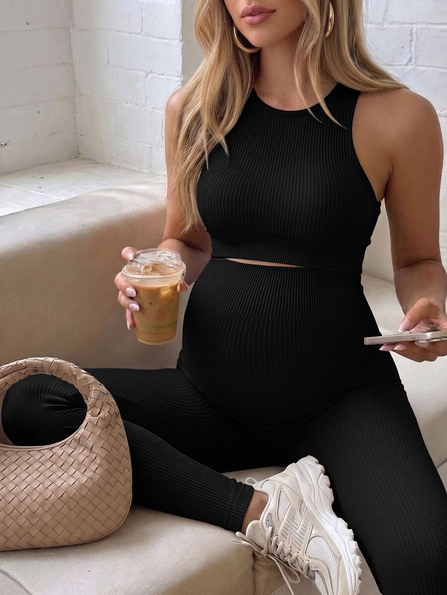 SHEIN 孕婦純色背心與緊身褲運動套裝 - 黑色 - 查看 1