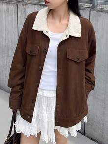 FRIFUL Women's Street Fashion Button Long Sleeve Pocket Jacket Winter - Coffee Brown - View 5