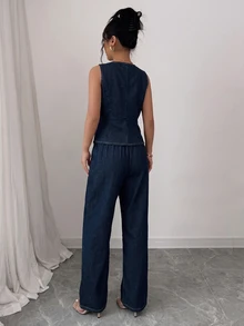 Elenzga Fashion Casual Washed Denim Vest & Pants Set - Dark Wash - View 2