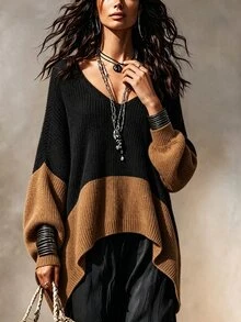 Hotletica Women's Vintage Colorblock Long Sleeve Fashion Knit Top - Black - View 3