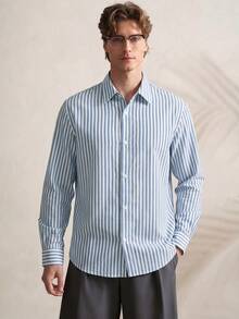 TONEVAULT New Men's Fashion Casual Long Sleeve Shirt, Striped Woven Fabric - Blue and White - View 7
