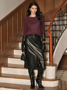 Anewsta Desain Busana Mewah Musim Gugur/Dingin Prancis, Sweater Rajut Leher Bulat Elegan dan Canggih Gaya Sosialita untuk Pesta Malam, Berhiaskan Berlian Imitasi Bintang yang Mewah dan Mewah - Burgundy - View 5