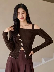 DAZY Women's Asymmetric Collar Long Sleeve Button Design Sweater - Brown - View 3