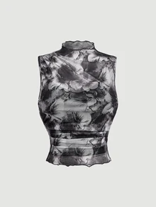 SHEIN MOD 大尺碼復古印花高領修身上衣，玫瑰紅，浪漫風 - 黑色 - 查看 1
