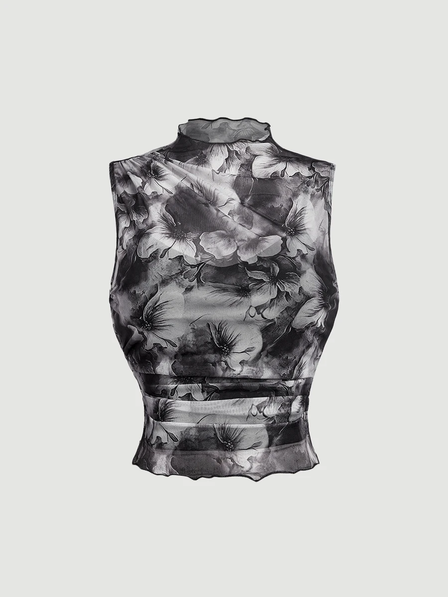 SHEIN MOD 大尺碼復古印花高領修身上衣,玫瑰紅,浪漫風 - 黑色 - 查看 1