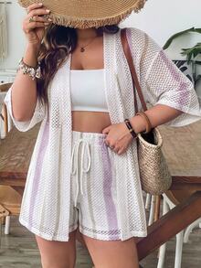 SHEIN VCAY Plus Size Women's Blue & White Striped Knit Shirt & Shorts 2 Pieces Set, Summer Vacation - Multicolor - View 7