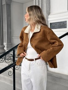 Pariaura Women's Fall Winter Brown Lapel Suede Fleece Panel Single-Breasted Jacket,Loose Long-Sleeve Top,Chic Occasion Wear For Daily Outing Commute Coat - Brown - View 6