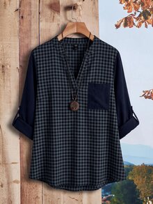 Rusticease Plus Size Autumn Casual Plaid Patchwork Shirt - Multicolor - View 8