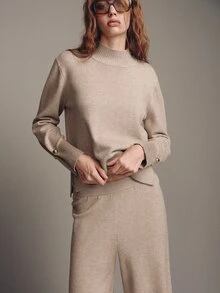 MOTF PREMIUM AUTUMN/WINTER METAL BUTTON CUFF DECOR STAND COLLAR SWEATER AND WIDE LEG KNIT PANTS 2 PIECES SET - Khaki - View 4