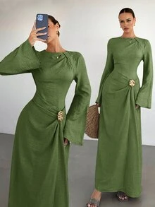Siren Gaze Women's Solid Color Twist Detail Front Metal Buckle Decor Flared Long Sleeve Dress, Wedding Night Dinner Cocktail Guest Fall Sage Green Elegant Mature - Olive Green - View 4