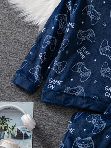 Boys Thick Flannel Hooded Home 2 Pieces Set, All-Over Print Game Controller Pattern Cuffed Long Pants Fuzzy Pajama Set - Navy Blue - View 5