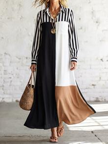 SHEIN Casual Commute Minimalist Women's Long Sleeve Striped Multicolor Dress, Autumn/Winter Style, Suitable For Office, Work And Outings - Multicolor - View 7