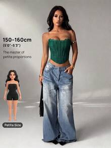 SHEIN PETITE 夏季海灘度假純色蕾絲內衣上衣，適合日常約會、夜晚外出 - 墨綠色 - 查看 7
