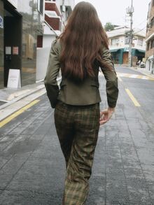 Nöista High Waist Plaid Wide Leg Pants With Patch Pockets. Fall Winter, Casual, Everyday, Back To School. - Army Green - View 7