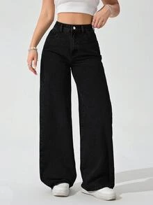 SHEIN ICON 大尺碼女款極簡復古街頭風水洗牛仔直筒長褲 - 黑色 - 查看 3