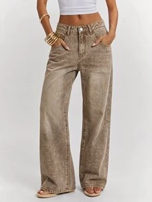 SHEIN BAE Women's Straight Leg Loose Casual Versatile Denim Jeans With Pockets, Fall Winter Outfits For Women, Khaki Jeans, Casual Versatile Low Ride Jeans. - Khaki - View 1