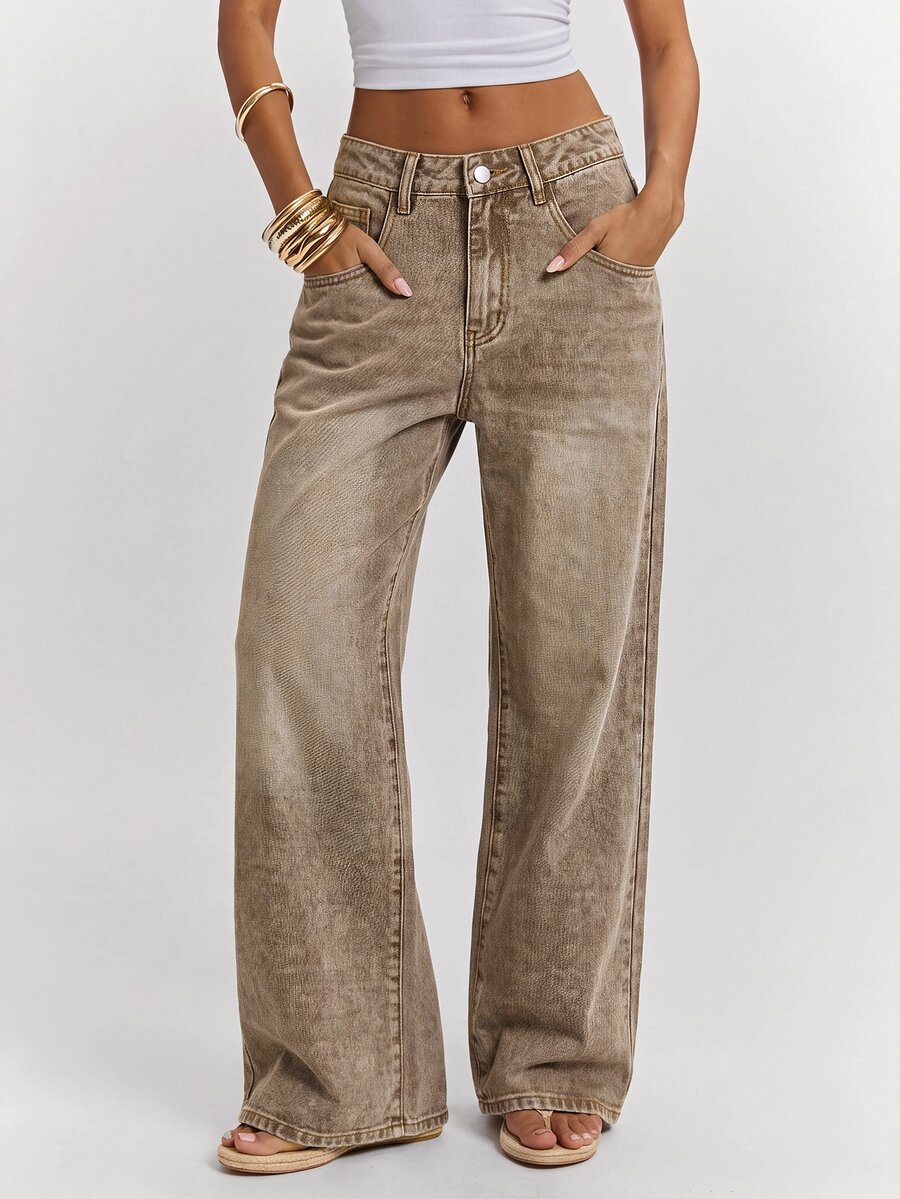 SHEIN BAE Women's Straight Leg Loose Casual Versatile Denim Jeans With Pockets, Fall Winter Outfits For Women, Khaki Jeans, Casual Versatile Low Ride Jeans. - Khaki - View 1