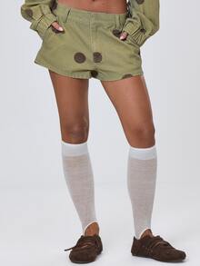 MUSERA Polka Dot Mid Rise Denim Shorts Fall Autumn Winter Coolgirl Back To School Holiday Fudge - Brown - View 3