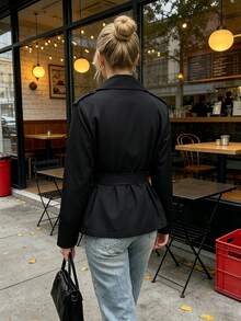 SHEIN PariChic 女款秋冬基礎款鈕扣裝飾收腰長袖風衣外套 - 黑色 - 查看 2