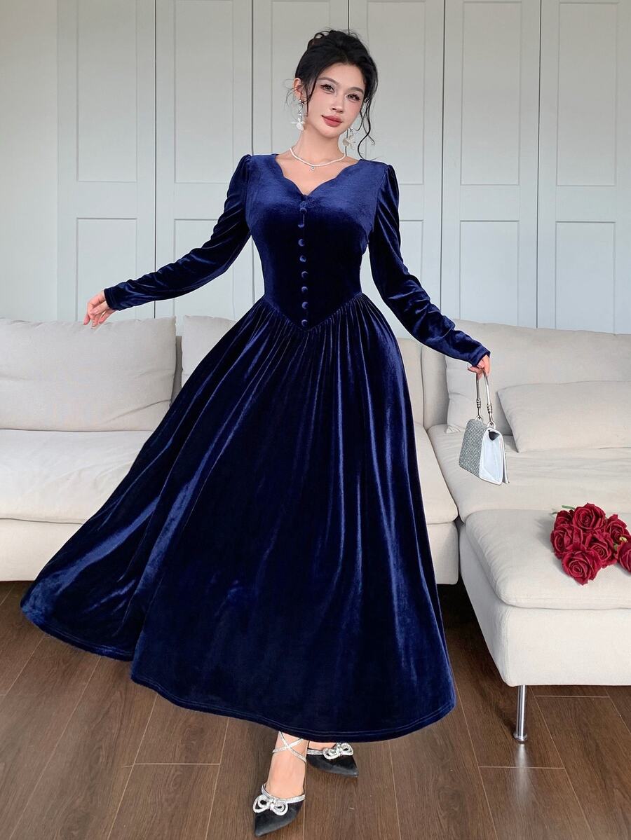 Feyla New Vintage Design Wavy Edge Button-Up Cinched Waist Pleated A-Line Slimming Velvet Dress - Navy Blue - View 1