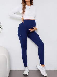 SHEIN 孕婦純色高腰工裝口袋休閒緊身褲 - 藏蓝色 - 查看 3