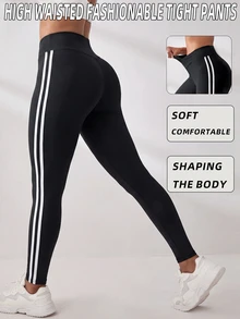 Easithlete Easithlete Women's Asymmetrical Waist Side Stripe Athletic Leggings - Black - View 1