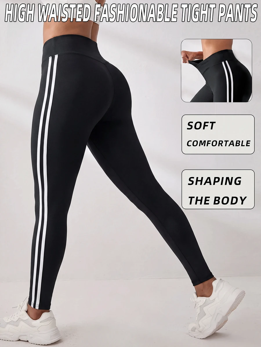 Easithlete Easithlete Women's Asymmetrical Waist Side Stripe Athletic Leggings - Black - View 1