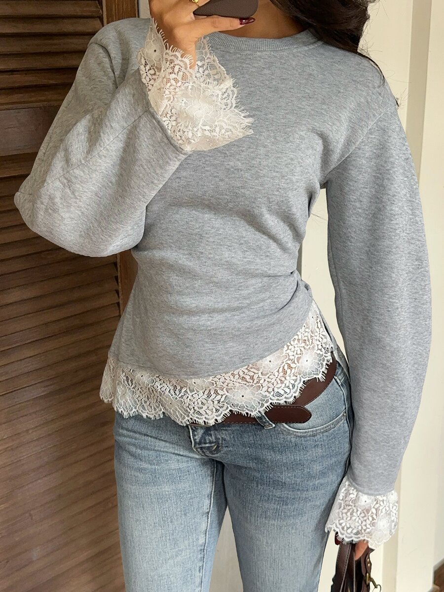 CovetEZ Women's Round Neck Drop Shoulder Long Sleeve Contrast Lace Hem Sweatshirt - Grey - View 1