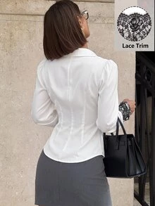 Siren Gaze 女款純色百褶鈕扣長袖白領襯衫 - 白色 - 查看 2