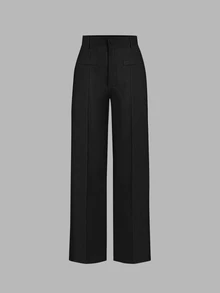 SHEIN PETITE CURVE 大尺碼時尚鈕扣休閒長褲，適合日常穿著 - 黑色 - 查看 6