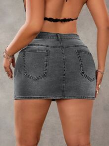 SHEIN ICON Plus Size Women's Fashion Rhinestone Embellished Washed Denim Bodycon Skirt With Pockets - Grey - View 2
