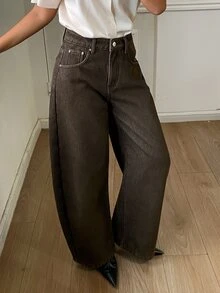 DAZY 女款保暖內裡休閒百搭日常穿著牛仔褲 - 咖啡棕 - 查看 3