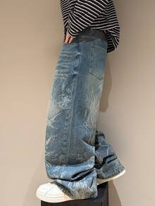 STEELVANCE Street Style Vintage Fashion Versatile Distressed Washed Cat Whisker Ripped Frayed Laser Print Design Loose Straight Leg Wide Leg Casual Everyday Plus Size Denim Jeans (Belt And Accessories Not Included) - Blue - View 5