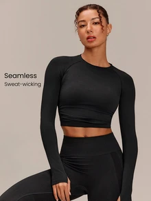 GLOWMODE Second-Skin Seamless Training Day Cropped Long Sleeve Training Top With Side Ruching & Ribbed Cuffs Training Workout Gym Fitness Fall Wear - Black - View 1